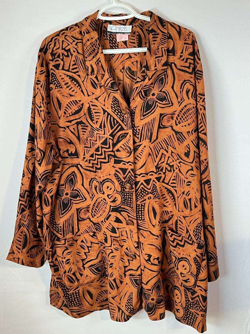 Artsy Boho Earthy Print Button‑Up Top Wood Buttons Tribal‑Inspired Brown Black